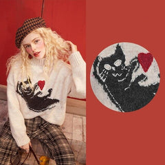 New Yew Cat Jacquard Casual Knit Pullover Sweater Women,Spring Vintage Full Sleeve Girly Basic Daily Warmness Top