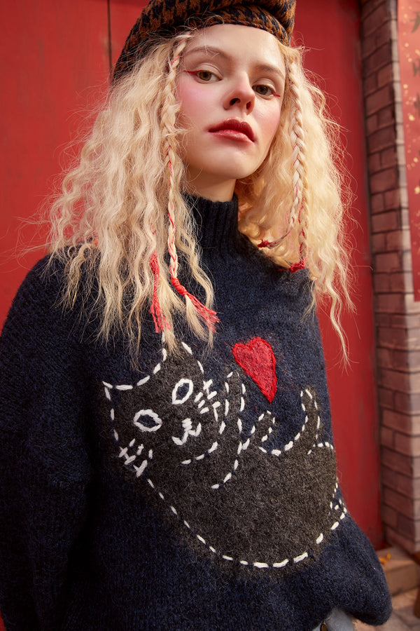 New Yew Cat Jacquard Casual Knit Pullover Sweater Women,Spring Vintage Full Sleeve Girly Basic Daily Warmness Top