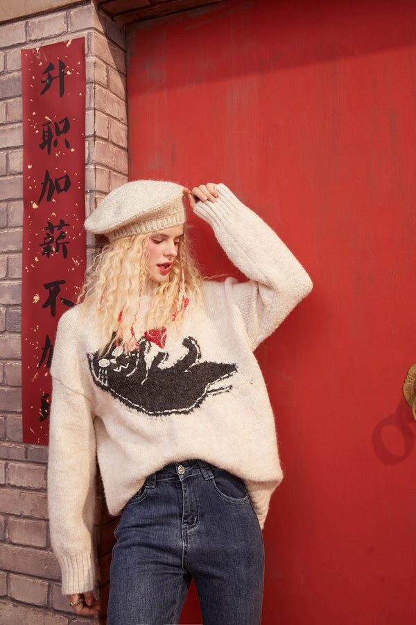 New Yew Cat Jacquard Casual Knit Pullover Sweater Women,Spring Vintage Full Sleeve Girly Basic Daily Warmness Top