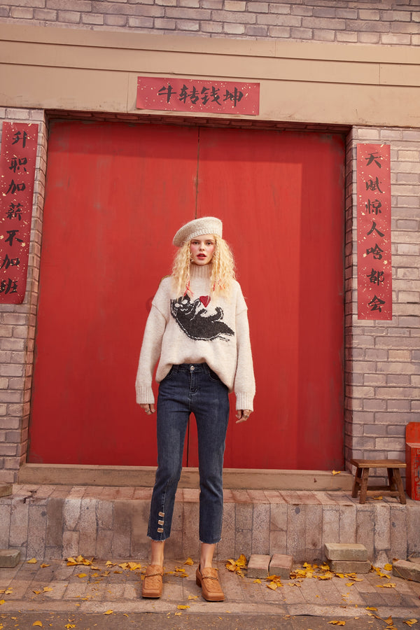 New Yew Cat Jacquard Casual Knit Pullover Sweater Women,Spring Vintage Full Sleeve Girly Basic Daily Warmness Top