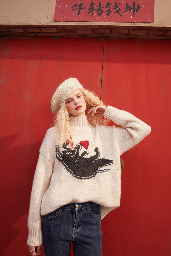 New Yew Cat Jacquard Casual Knit Pullover Sweater Women,Spring Vintage Full Sleeve Girly Basic Daily Warmness Top