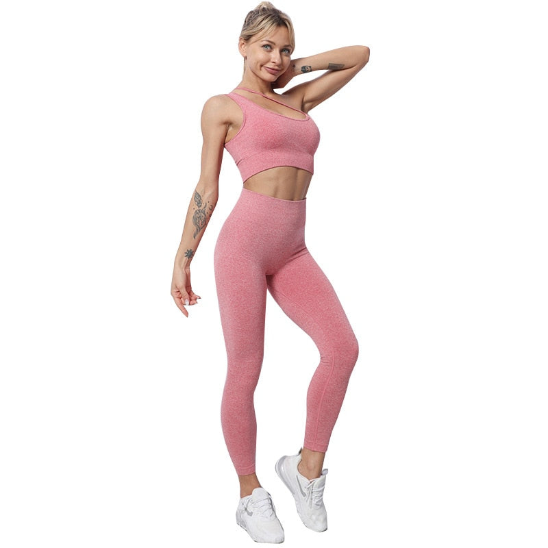 Women Yoga 2 PCS Seamless Yoga Suit GYM Workout Sportswear Asymmetric Clothing Fitness Top High Waist Set | Vimost Shop.