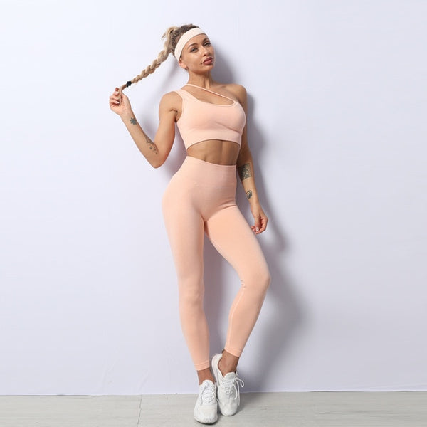 Women Yoga 2 PCS Seamless Yoga Suit GYM Workout Sportswear Asymmetric Clothing Fitness Top High Waist Set | Vimost Shop.