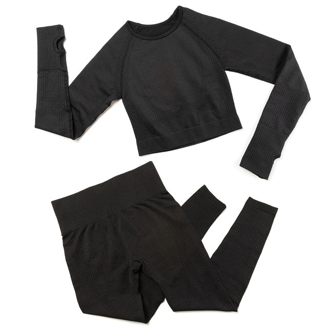 2pcs/set Women Sport Suit Yoga Set Gym Workout Clothes Long Sleeve Shirt Fitness Crop Top + High Waist Energy Seamless Leggings | Vimost Shop.