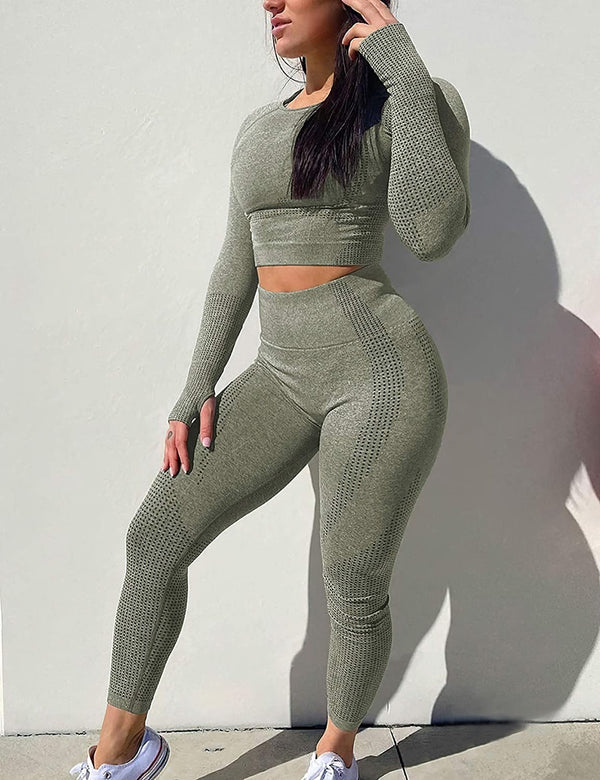 2pcs/set Women Sport Suit Yoga Set Gym Workout Clothes Long Sleeve Shirt Fitness Crop Top + High Waist Energy Seamless Leggings | Vimost Shop.