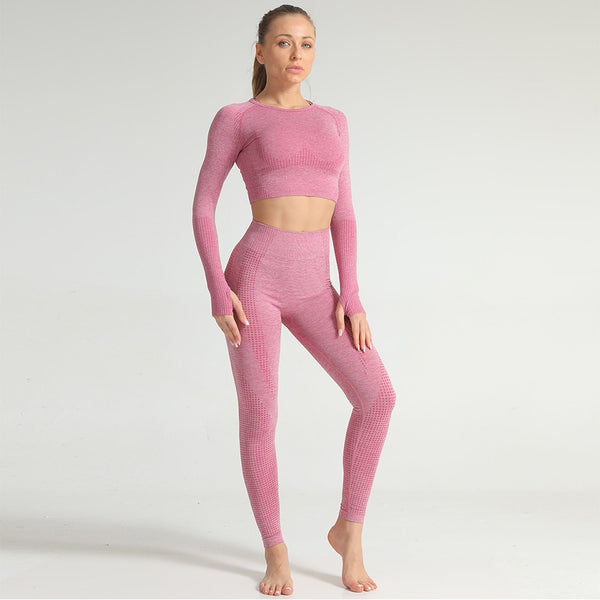 2pcs/set Women Sport Suit Yoga Set Gym Workout Clothes Long Sleeve Shirt Fitness Crop Top + High Waist Energy Seamless Leggings | Vimost Shop.