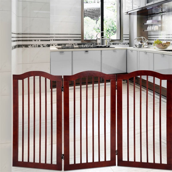 3 Panels Folding Freestanding Stylish Sturdy Smooth Wood Pet Dog Safety Gate Fold Free-standing 360 Degrees Rotate PS7085 | Vimost Shop.