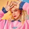 Harajuku Applique Casual Pullover Sweatshirt Women,Winter Patchwork Denim Korean Ladies Daily Graphic 2-IN-1Top