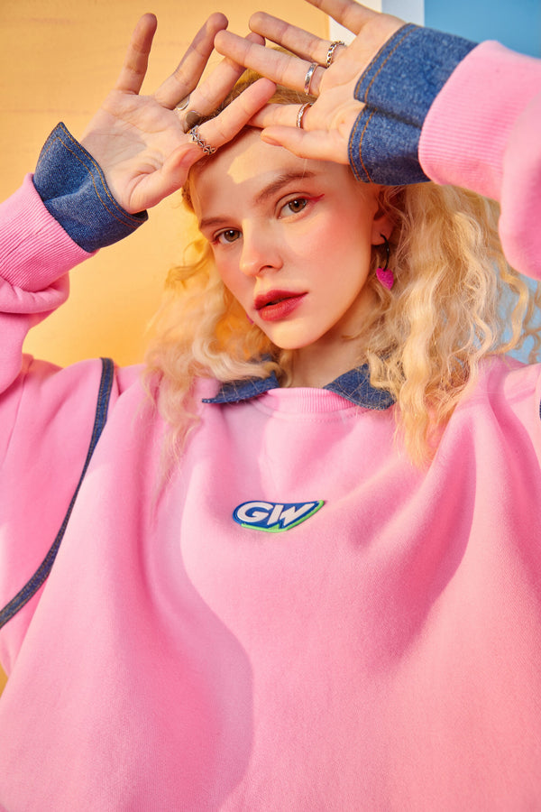Harajuku Applique Casual Pullover Sweatshirt Women,Winter Patchwork Denim Korean Ladies Daily Graphic 2-IN-1Top