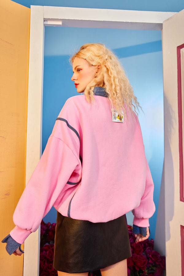 Harajuku Applique Casual Pullover Sweatshirt Women,Winter Patchwork Denim Korean Ladies Daily Graphic 2-IN-1Top