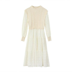Solid Pure High Waist Casual Knit Midi Dress Women,Winter ELF Vintage Full Sleeve Korean Ladies Daily Dresses