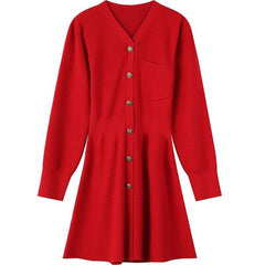 Solid Pure High Waist Casual Knit Women Mini Dress,Spring ELF Vintage Chic Button Korean Female Party Dresses