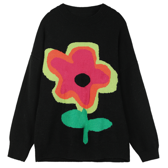 Floral Jacquard Casual Knit Pullover Women Sweaters,Winter ELF Vintage Drop Shoulder Sleeve,Korean Ladeis Daily Top