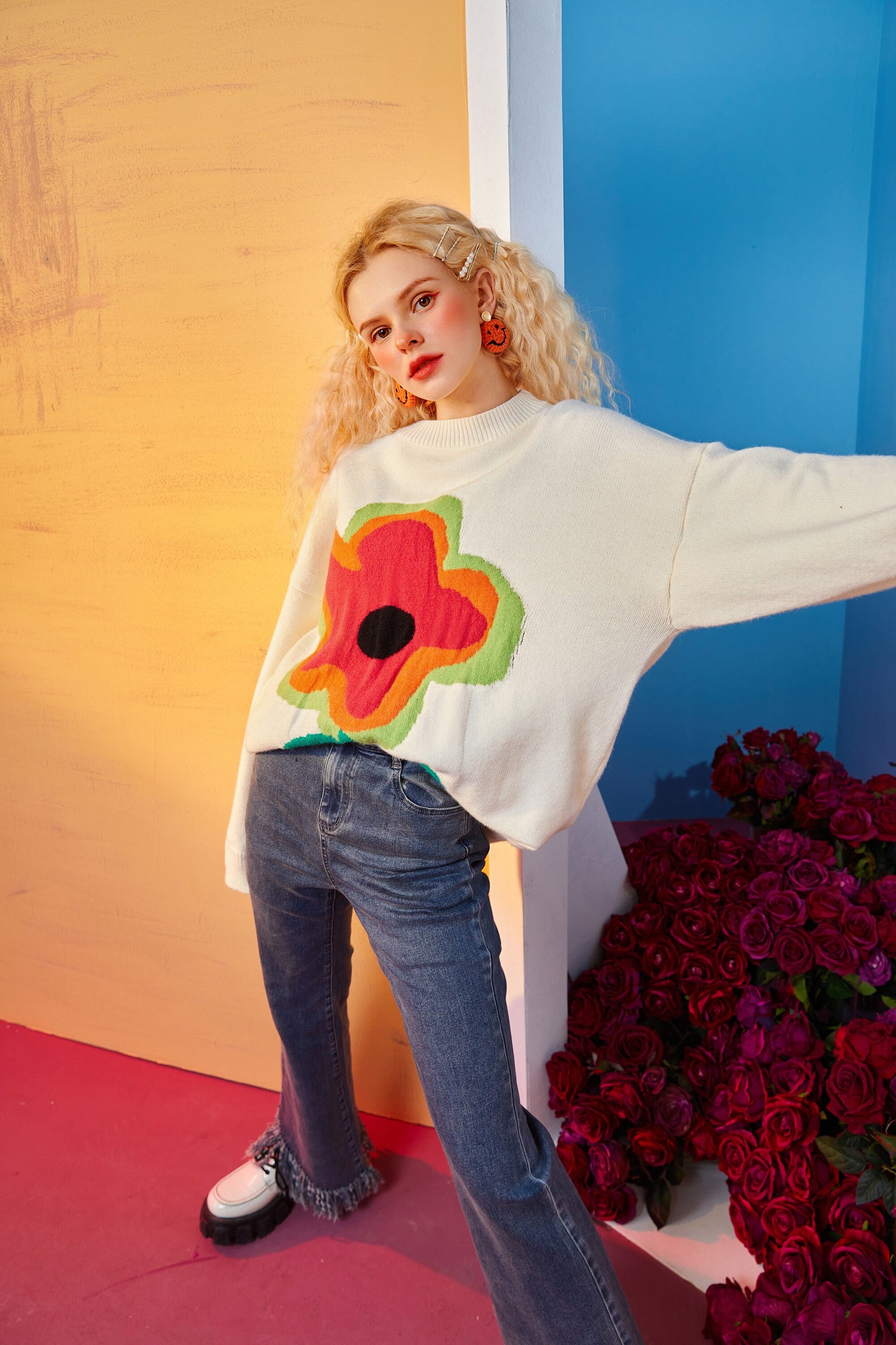 Floral Jacquard Casual Knit Pullover Women Sweaters,Winter ELF Vintage Drop Shoulder Sleeve,Korean Ladeis Daily Top