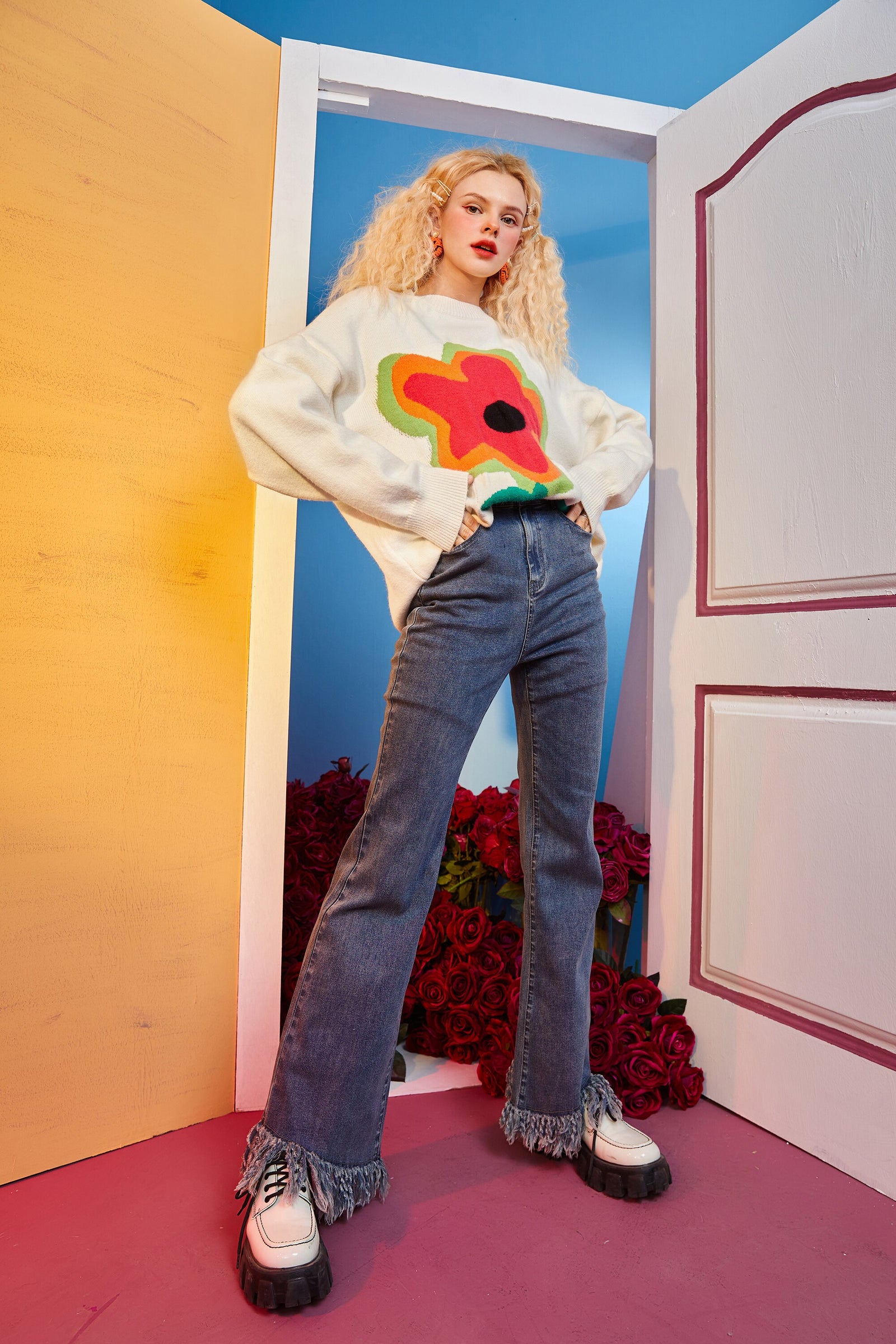 Floral Jacquard Casual Knit Pullover Women Sweaters,Winter ELF Vintage Drop Shoulder Sleeve,Korean Ladeis Daily Top