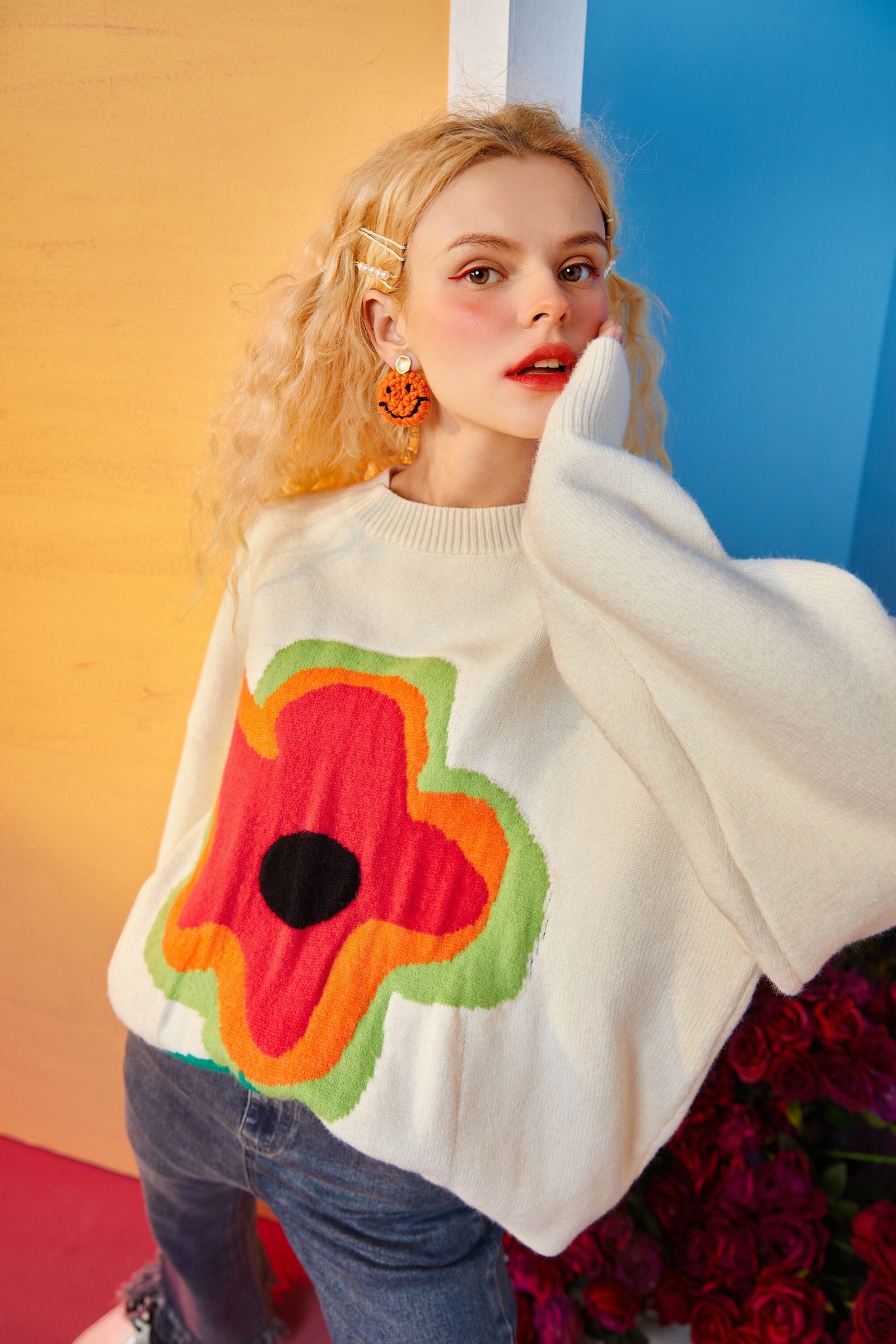 Floral Jacquard Casual Knit Pullover Women Sweaters,Winter ELF Vintage Drop Shoulder Sleeve,Korean Ladeis Daily Top
