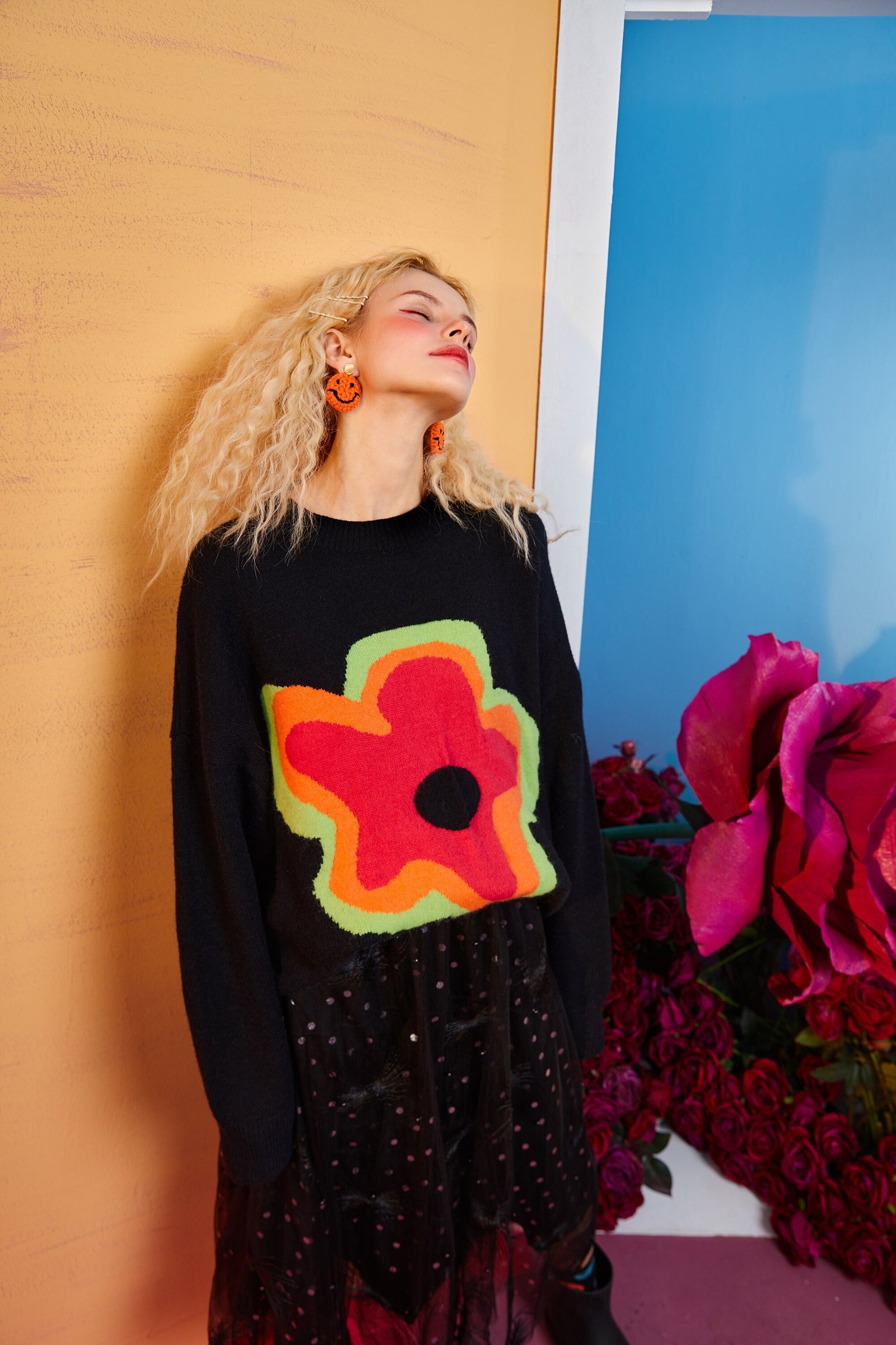 Floral Jacquard Casual Knit Pullover Women Sweaters,Winter ELF Vintage Drop Shoulder Sleeve,Korean Ladeis Daily Top