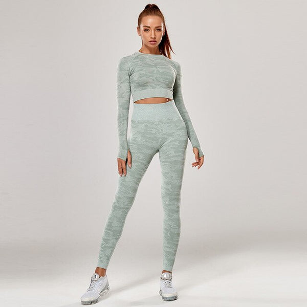 Yoga Set 2 Piece Sport Outfits Gym Activewear Long Sleeve Crop Top + Yoga Pants Running Leggings Suits Workout Tracksuits | Vimost Shop.