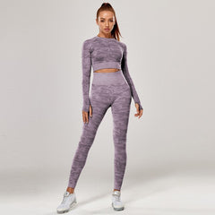 Yoga Set 2 Piece Sport Outfits Gym Activewear Long Sleeve Crop Top + Yoga Pants Running Leggings Suits Workout Tracksuits