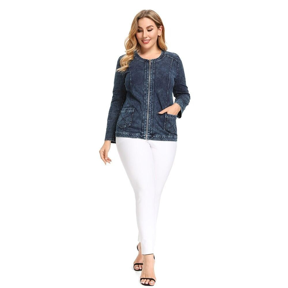 Women's Plus Size Autumn Casual Denim Jacket High Flexibility Cotton Knitted Denim Jacket