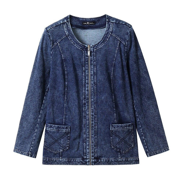 Women's Plus Size Autumn Casual Denim Jacket High Flexibility Cotton Knitted Denim Jacket
