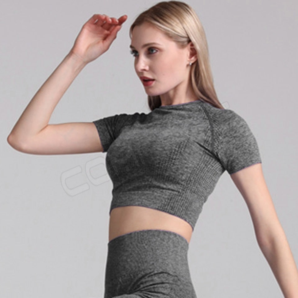 Yoga Sets Short Crop Tops Sport Pants Workout Shirts Gym Clothing Leggings Running Suits Fitness Outfits 2 Piece Sportswear | Vimost Shop.