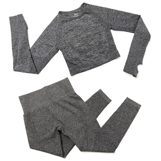 Yoga Set Women 2pcs Sport Suit Gymwear Workout Outfits Long Sleeve Fitness Crop Top High Waist Seamless Leggings Sportswear | Vimost Shop.