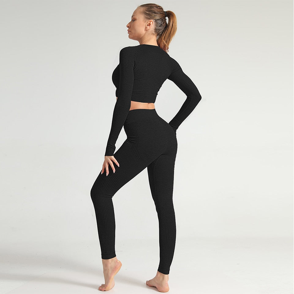 Yoga Set Women 2pcs Sport Suit Gymwear Workout Outfits Long Sleeve Fitness Crop Top High Waist Seamless Leggings Sportswear | Vimost Shop.