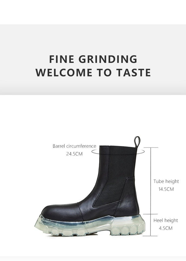 Woman‘s Chelsea Boots Black Genuine Leather Round Toe England Handsome ANKLE Boots Mid Heel Black Platform Shoe