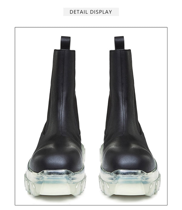 Woman‘s Chelsea Boots Black Genuine Leather Round Toe England Handsome ANKLE Boots Mid Heel Black Platform Shoe