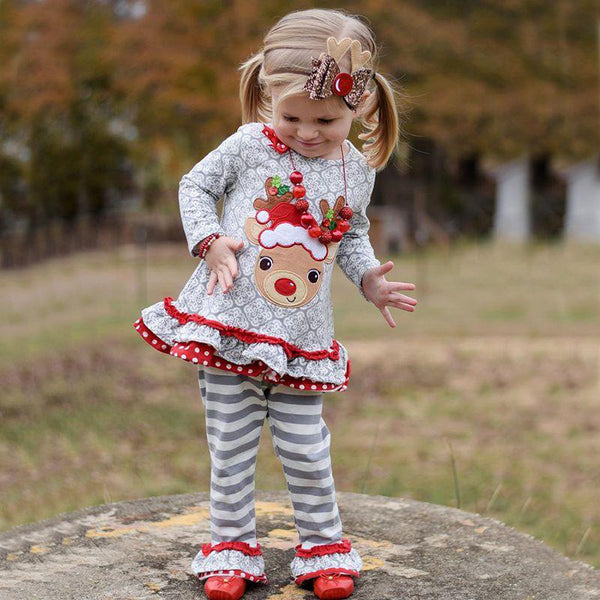 Girls Clothing Set Long Sleeve Elk Striped Boot Cut Pant Spring Fall Kids Suits for Girl Cotton Baby Girls Clothes | Vimost Shop.
