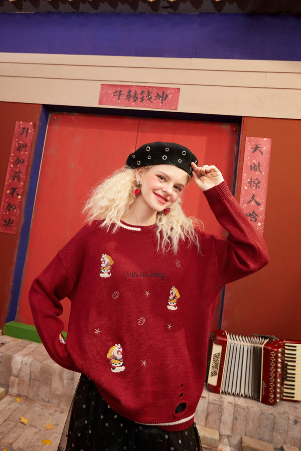 Monkey King Embroidery Casual Knit Pullover Sweaters Women,Spring Drop Shoulder Sleeve Ladies Daily Warm Tops