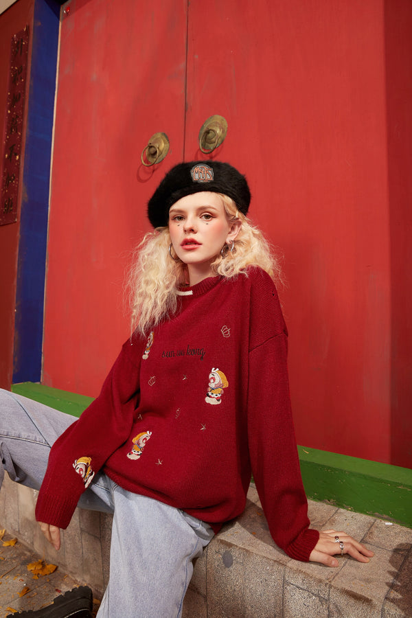 Monkey King Embroidery Casual Knit Pullover Sweaters Women,Spring Drop Shoulder Sleeve Ladies Daily Warm Tops