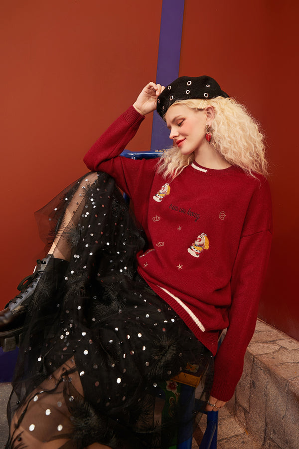 Monkey King Embroidery Casual Knit Pullover Sweaters Women,Spring Drop Shoulder Sleeve Ladies Daily Warm Tops