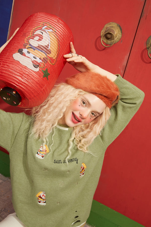 Monkey King Embroidery Casual Knit Pullover Sweaters Women,Spring Drop Shoulder Sleeve Ladies Daily Warm Tops