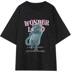 Harajuku Cat Print Casual T-Shirts Women,Spring ELF Vintage Short Sleeve Female Basic Daily Graphic Tops
