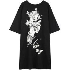 Harajuku Graphic Print Straight Casual Vintage Dresses Women,Spring Bows Backless Korean Ladies Summer Dress