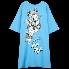 Harajuku Graphic Print Straight Casual Vintage Dresses Women,Spring Bows Backless Korean Ladies Summer Dress