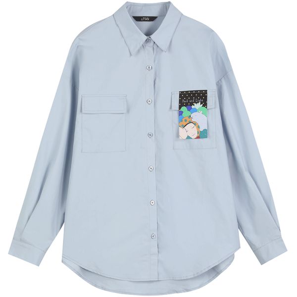 X Duan Ge Xin Cartoon Single Breasted Casual Shirt Women,Spring Minimlalist Full Sleeve Ladeis Basic Daily Top