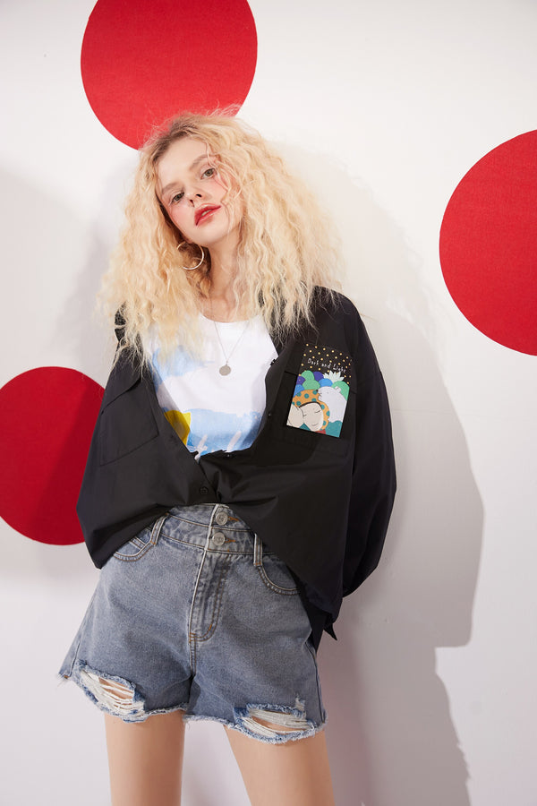 X Duan Ge Xin Cartoon Single Breasted Casual Shirt Women,Spring Minimlalist Full Sleeve Ladeis Basic Daily Top