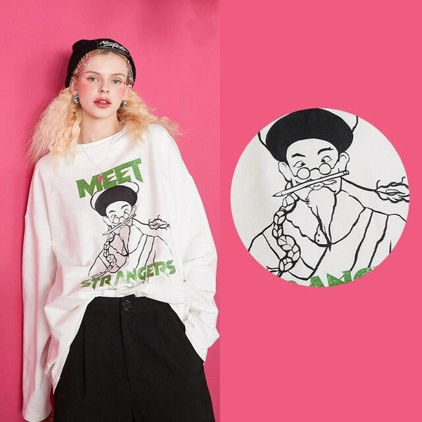Harajuku Cartoon Print Casual Pullover T-Shirts Women,Spring Vintage Full Sleeve Female Basic Daily Graphic Tops