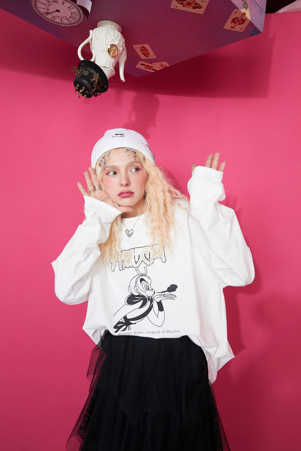 Harajuku Cartoon Print Casual Pullover T-Shirts Women,Spring Vintage Full Sleeve Female Basic Daily Graphic Tops