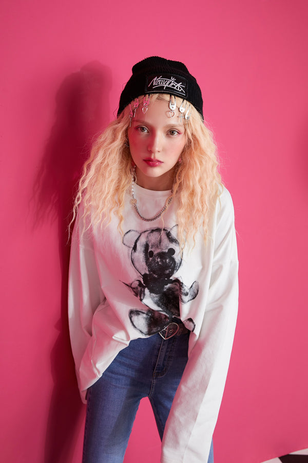 Harajuku Cartoon Print Casual Pullover T-Shirts Women,Spring Vintage Full Sleeve Female Basic Daily Graphic Tops
