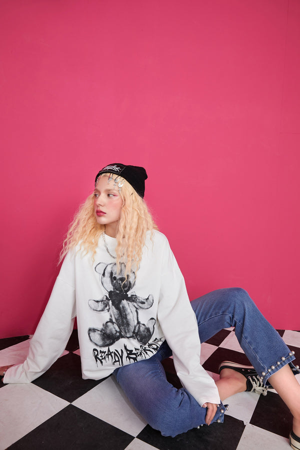 Harajuku Cartoon Print Casual Pullover T-Shirts Women,Spring Vintage Full Sleeve Female Basic Daily Graphic Tops