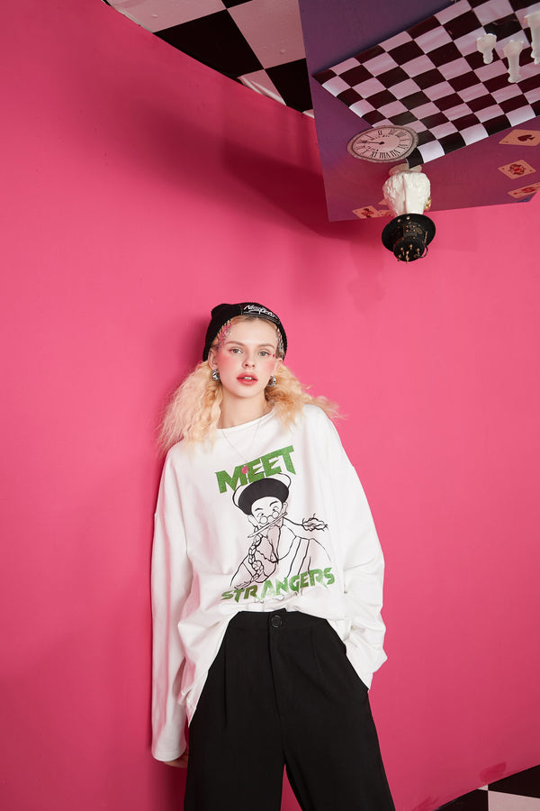 Harajuku Cartoon Print Casual Pullover T-Shirts Women,Spring Vintage Full Sleeve Female Basic Daily Graphic Tops