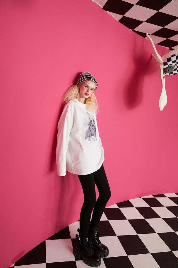 Harajuku Cartoon Print Casual Pullover T-Shirts Women,Spring Vintage Full Sleeve Female Basic Daily Graphic Tops