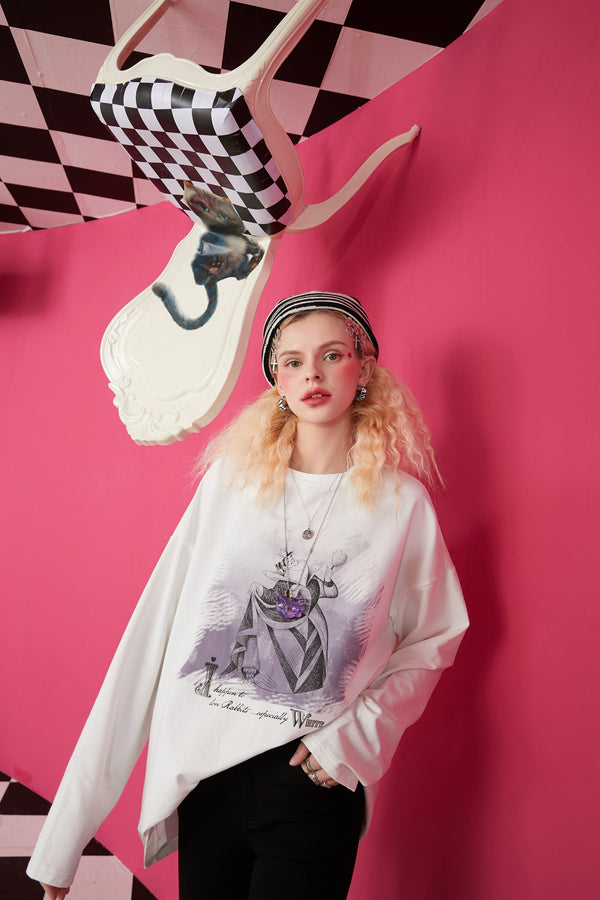 Harajuku Cartoon Print Casual Pullover T-Shirts Women,Spring Vintage Full Sleeve Female Basic Daily Graphic Tops
