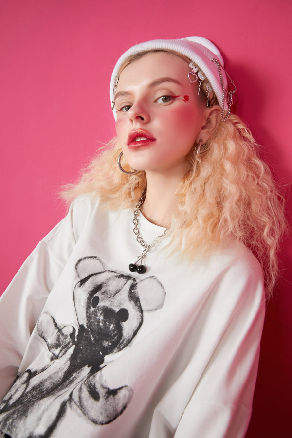 Harajuku Cartoon Print Casual Pullover T-Shirts Women,Spring Vintage Full Sleeve Female Basic Daily Graphic Tops