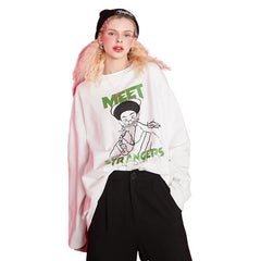 Harajuku Cartoon Print Casual Pullover T-Shirts Women,Spring Vintage Full Sleeve Female Basic Daily Graphic Tops