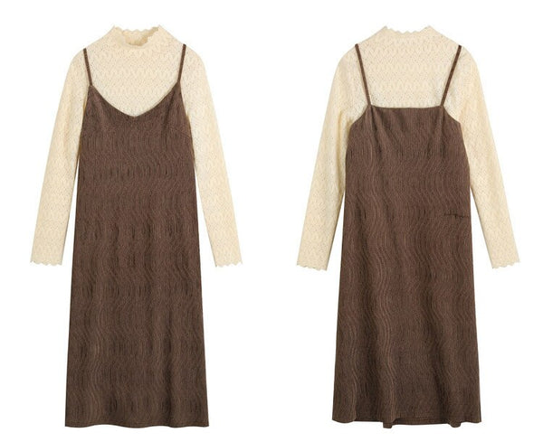 Solid Pure Contrast lace Casual Dress Women Fake 2 Pieces Sets,Spring Full Sleeve Korean Ladies Velvet Party Dress